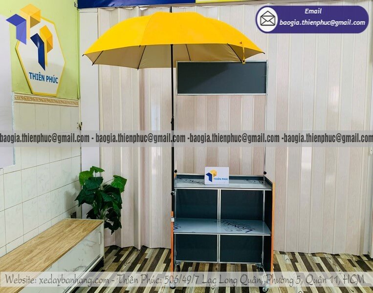 Báo giá xe đẩy bán đồ ăn mini xếp gọn có  thêm dù che cho đại lý mở rộng