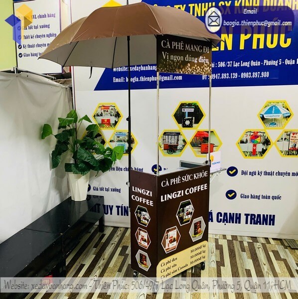 xe bán coffee kèm ô dù che gấp gọn tiện lợi