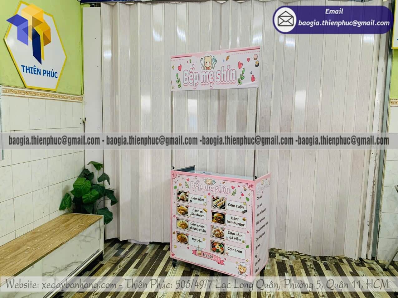Xưởng đóng xe bạt bán cơm nắm xếp gọn đẩy bán rong có thể thêm bảng hiệu decal logo